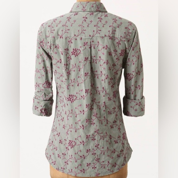 Anthro ODILLE Embroidered Eyelet ButtonDown Shirt Top Blouse Green Purple White - Picture 7 of 12